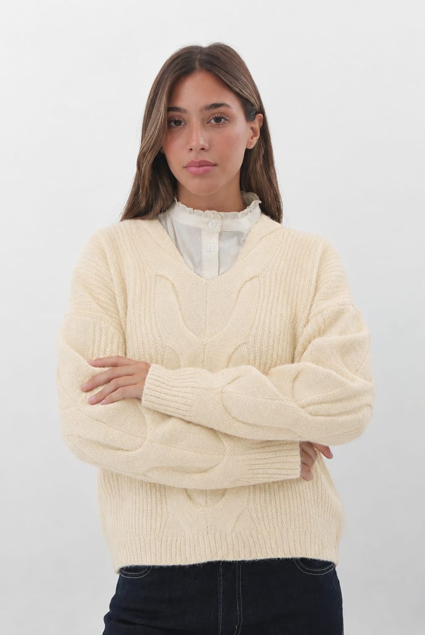 Sweater en V Cuello Trenzado