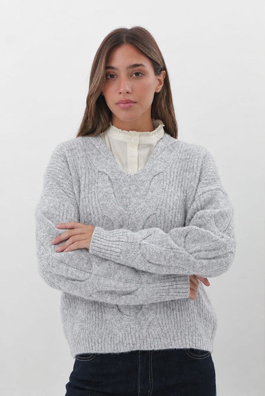 Sweater en V Cuello Trenzado