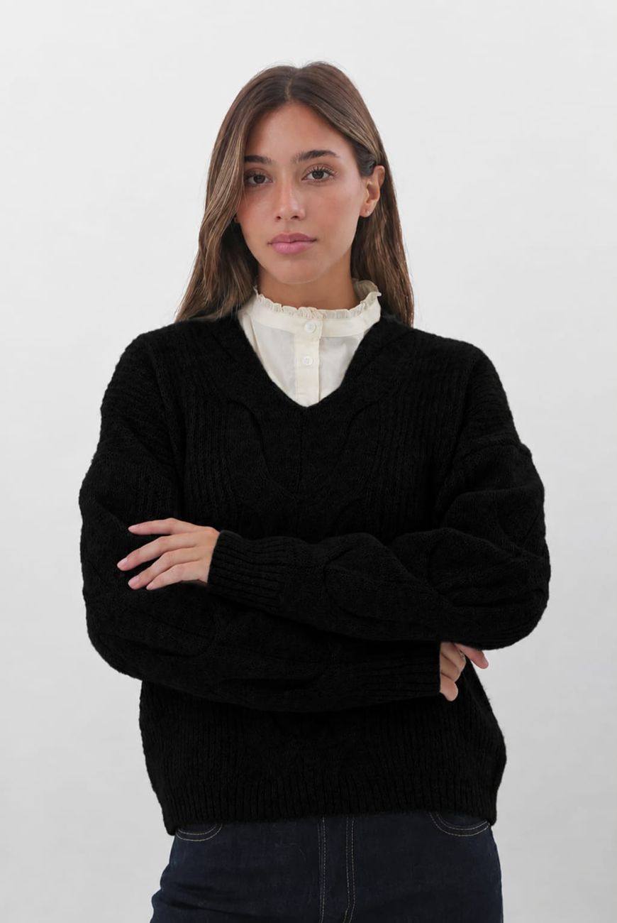 Sweater en V Cuello Trenzado