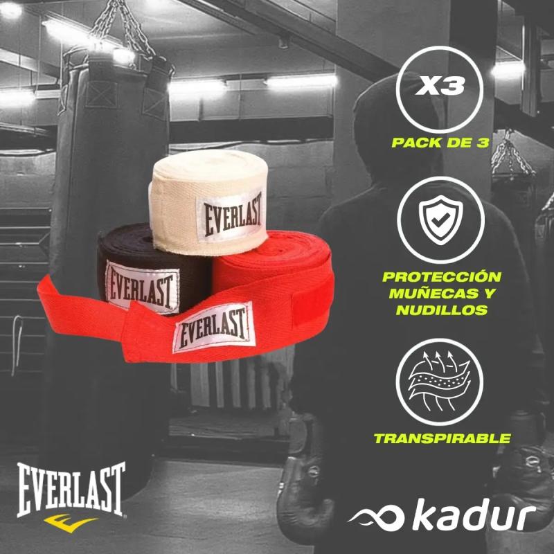 Combo Guantes Everlast Core + Tripack Vendas 3.5 Metros Everlast