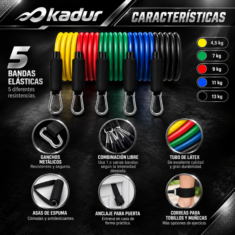 Set Bandas Tubulares X5 Fit Addict Con Manijas y Bolso