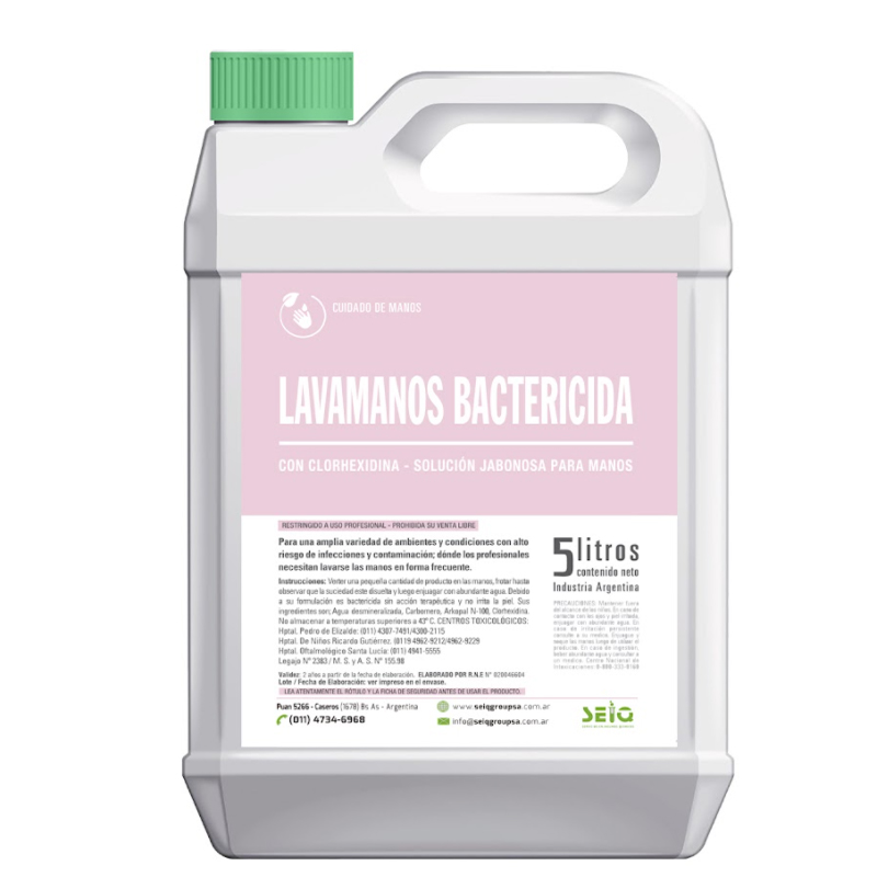 Jabon Liquido De Manos Bactericida Clorhexidina Al 0.3% Shampoo Manos Desinfectante X 5 Lts