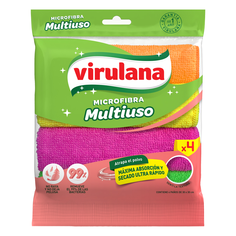 Paño Trapo Microfibra Virulana Multiuso Limpieza Pack X 4 Un