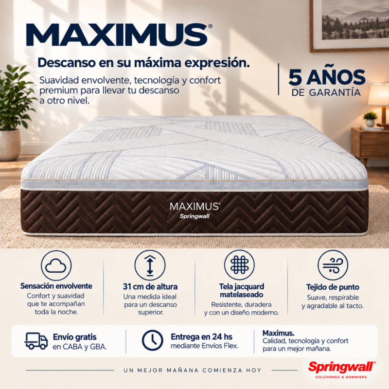 Conjunto Sommier Springwall Maximus Queen 160x200 Resortes Pocket