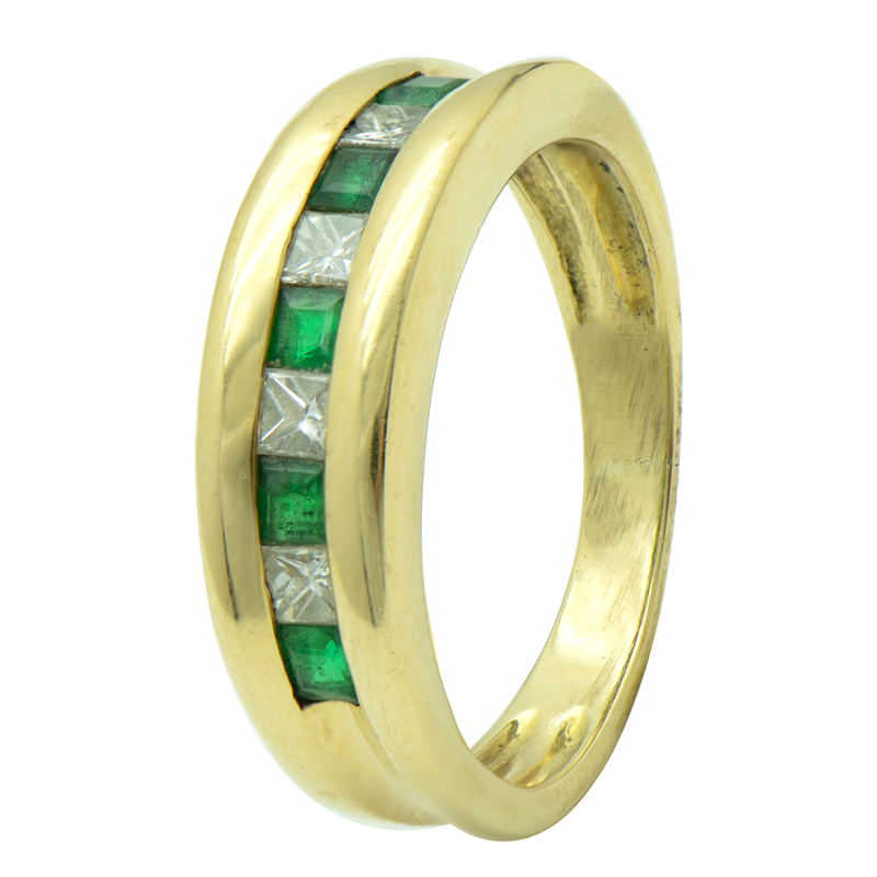 ANILLO MEDIO SIN FIN CON BRILLANTES Y ESMERALDAS- 18 KTS.