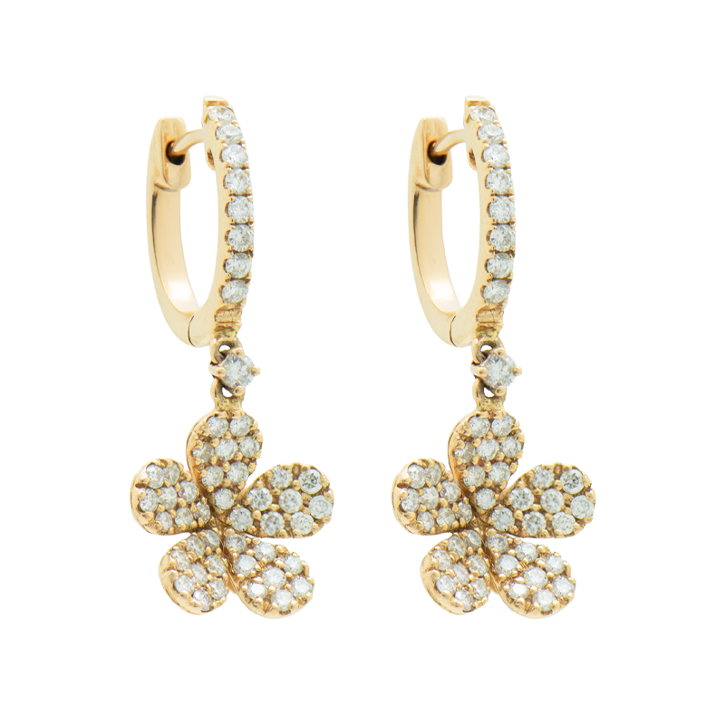 AROS TIPO ARGOLLA, CON FLOR COLGANTE Y BRILLANTES, EN ORO ROSADO - 18 KTS.