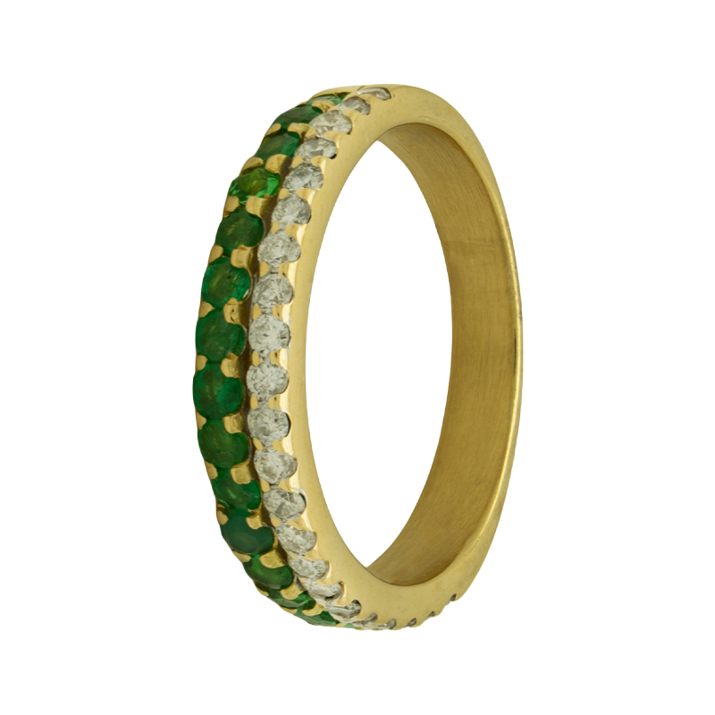 ANILLO CON FRENTE DE LÍNEAS DE BRILLANTES Y ESMERALDAS - 18 KTS.