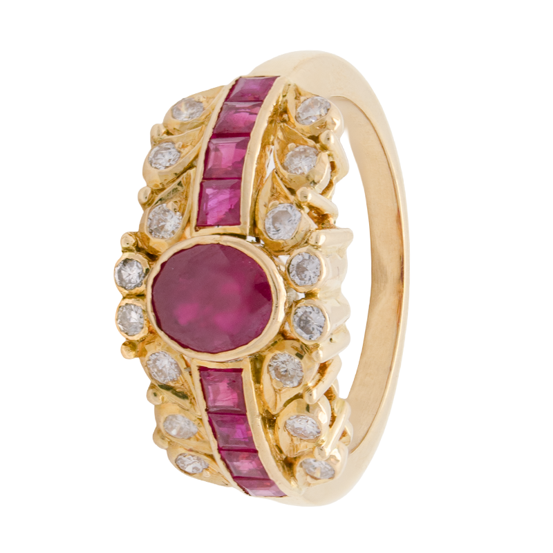 ANILLO CON FRENTE DE RUBIES Y BRILLANTES- 18 KTS.