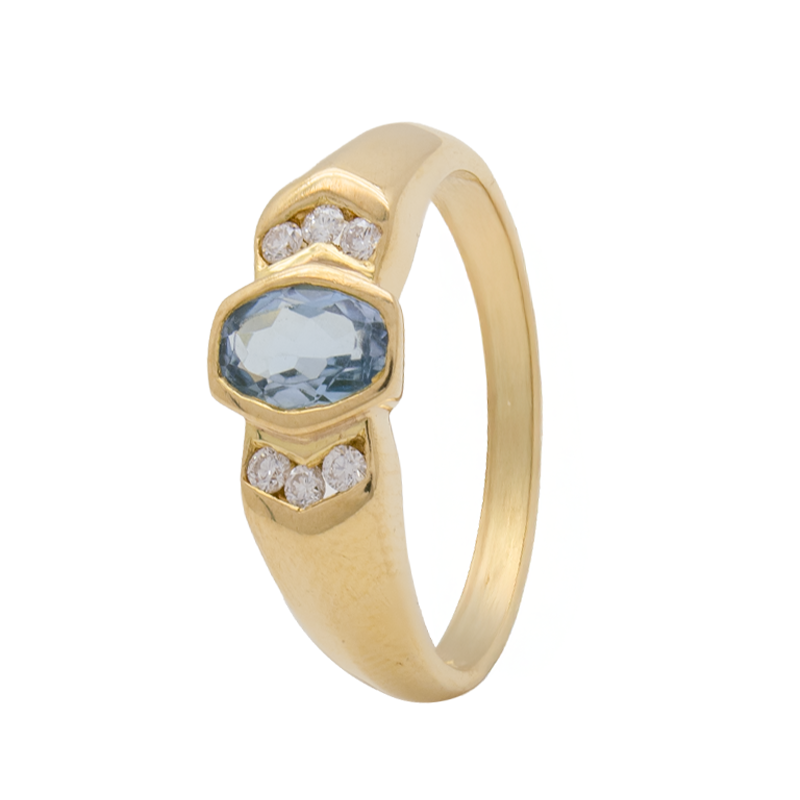 ANILLO CON AGUA MARINA CENTRAL Y BRILLANTES- 18 KTS.