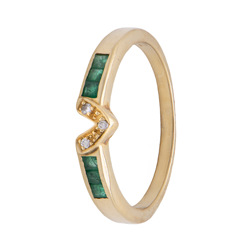 ANILLO CON V CENTRAL DE BRILLANTES Y ESMERALDAS- 18 KTS.