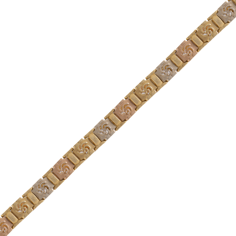 PULSERA ARTICULADA, CON DISEÑO EN LOS ESLABONES, TRICOLOR - 18 KTS.