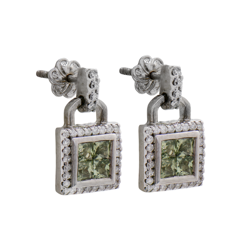 AROS COLGANTES CUADRADOS CON BRILLANTES Y ESMERALDAS - 18 KTS.