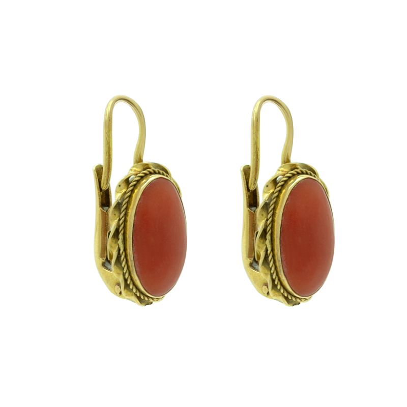 AROS COLGANTES CON CORAL CENTRAL- 18 KTS.