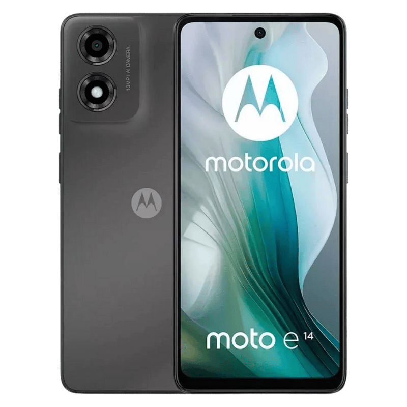 Smartphone Motorola Moto E14 Posterior negro y frontal