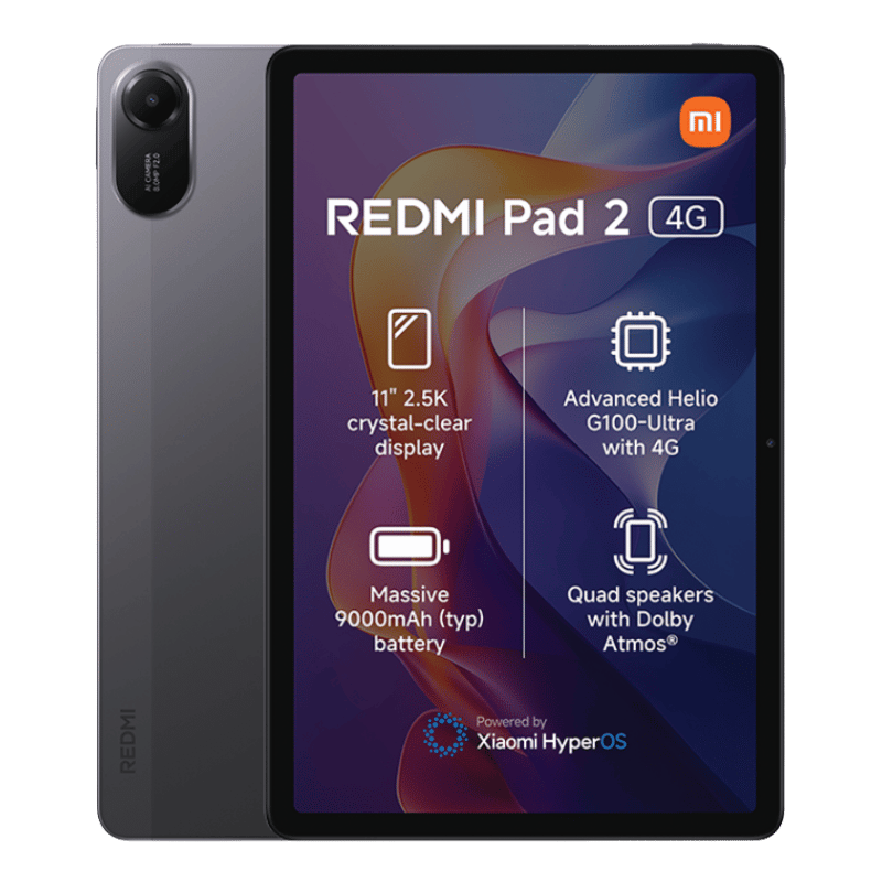 Tablet Xiaomi Redmi Pad 2 4G color negro vista frontal y posterior