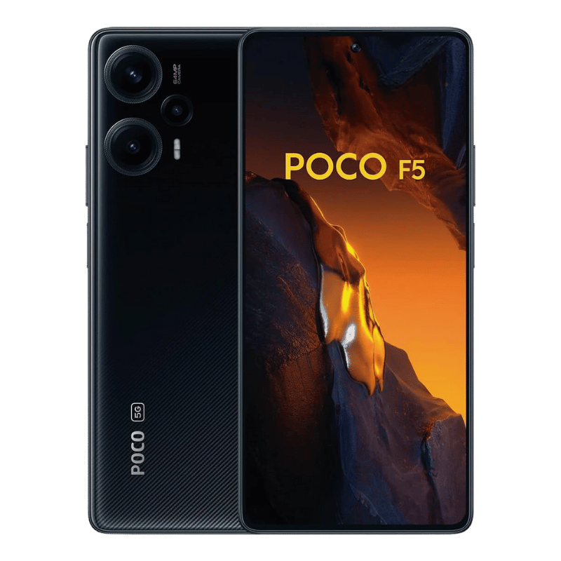 Xiaomi Poco F5 5G en color negro, con batería de 5000 mAh y carga rápida, ideal para quienes buscan un dispositivo duradero y de alta calidad