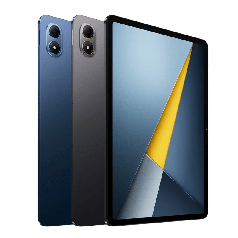 Tablet Poco Pad M1 2509ARPBDG color gris y color azul, vista frontal y posterior