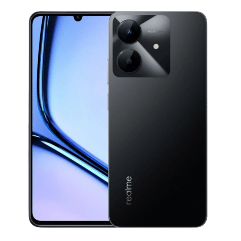 Realme Note 60X color negro, vista frontal y posterior