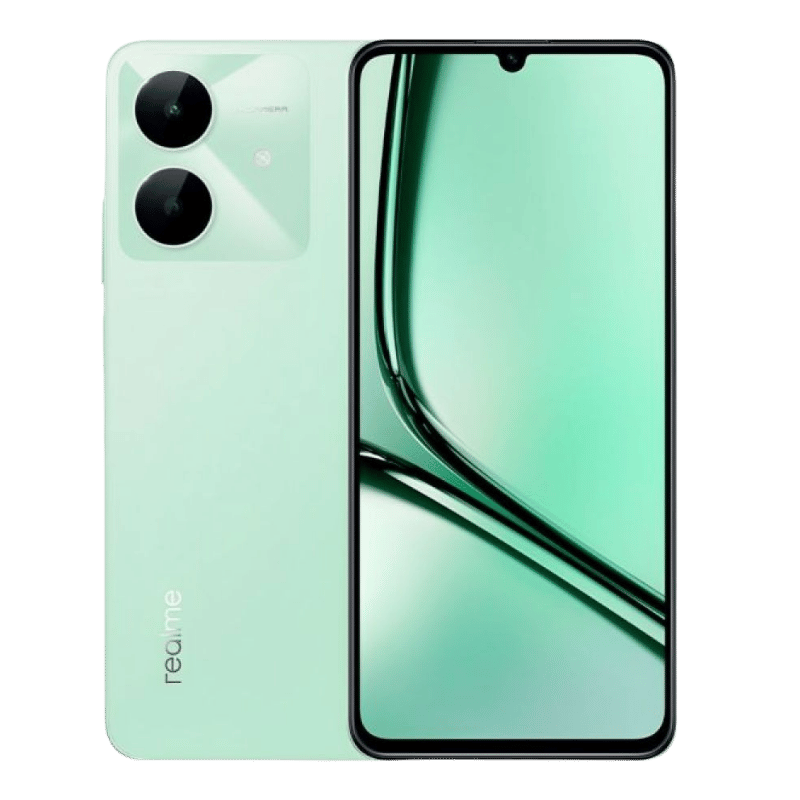 Realme Note 60X color verde, vista frontal y vista posterior