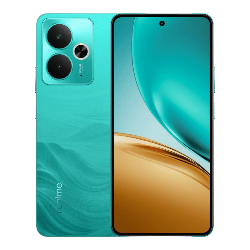 Realme 14T color verde, vista frontal y posterior