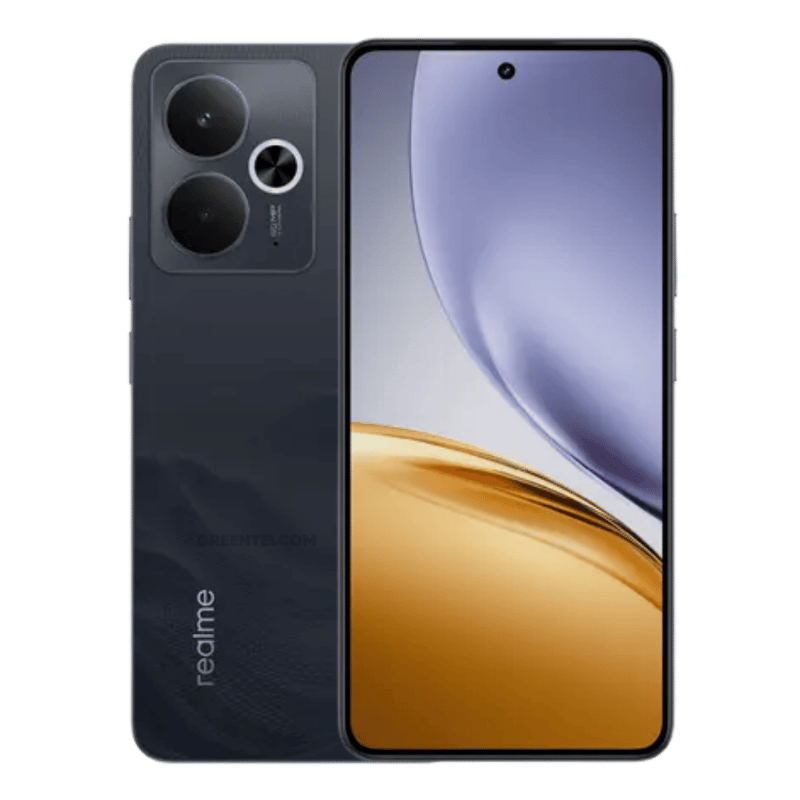 Realme 14T color negro, vista frontal y posterior