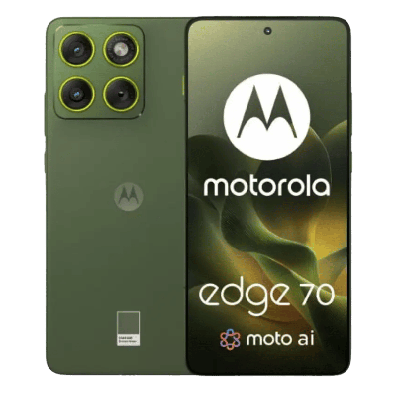 Motorola Moto Edge 70 color verde, vista frontal y posterior