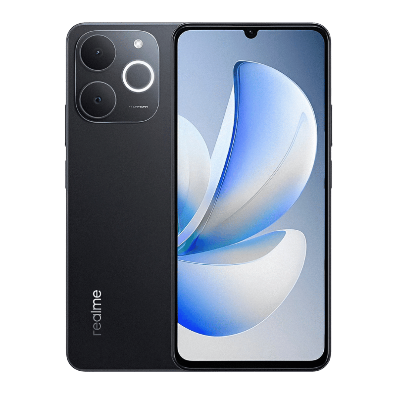 Realme Note 70 color negro, vista frontal y posterior