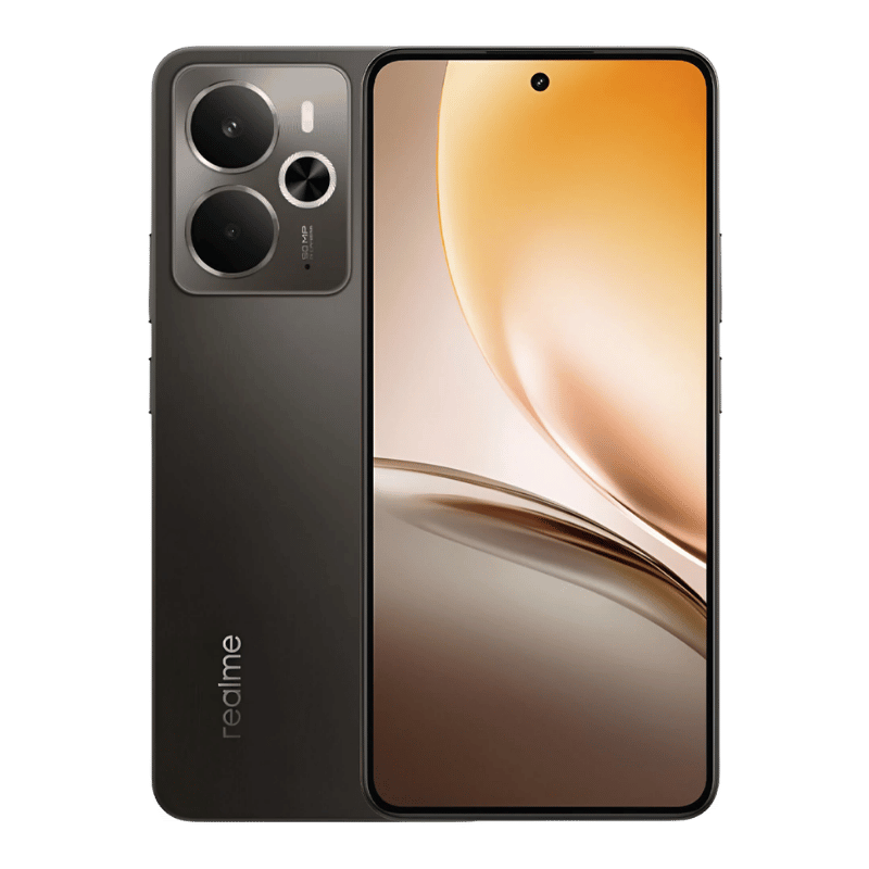 Realme 14 color negro, vista frontal y posterior