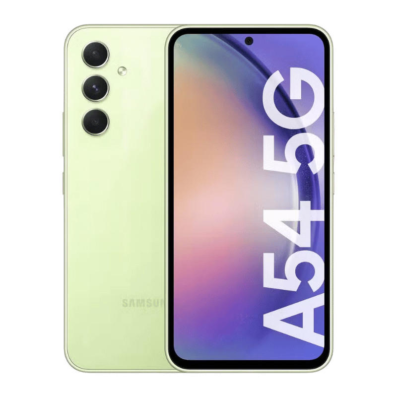 Samsung Galaxy A54 5G color amarillo vista frontal y posterior