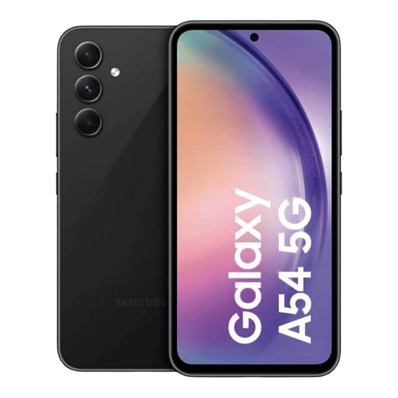 Samsung Galaxy A54 5G color negro vista frontal y posterior