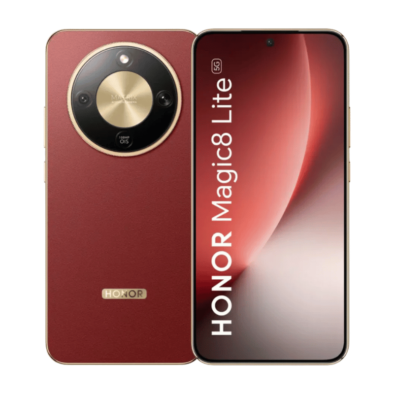 Honor MagiC8 Lite 5G color rojo, vista frontal y posterior