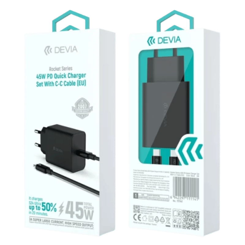 Cargador Devia Rocket Series 45W PD Quick Charger Set With C-C Cable (EU)