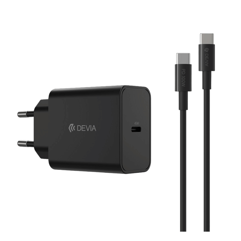 CARGADOR Devia Rocket 45W PD GaN USB-C con cable C-C carga rápida (enchufe EU)
