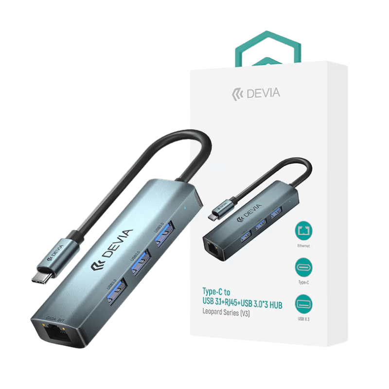 HUB Devia Leopard USB-C con Ethernet RJ45 + 3 USB 3.0