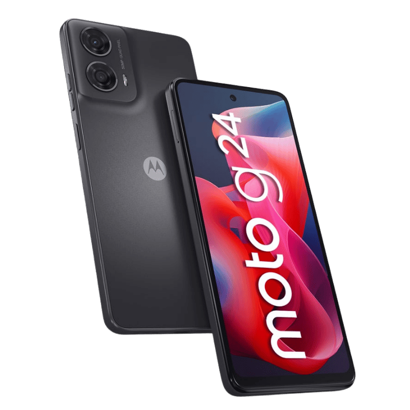 Smartphone Motorola Moto G24 Posterior Negro frontal con pantalla HD+ de 6.56 pulgadas y tasa de refresco de 90Hz, cuotas sin interés en Quilmes, Argentina