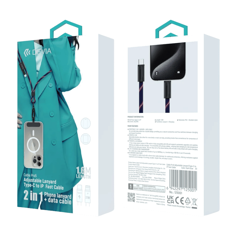 CABLE Devia Pro5 USB-C a Lightning carga rápida con cordón ajustable 1,6 m