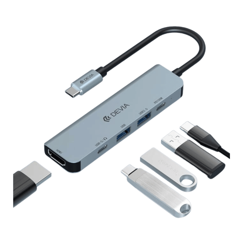 ADAPTADOR DEVIA LEOPARD TYPE-C TO USB3.0*3+PD +CARDREADER 5 IN 1 HUB