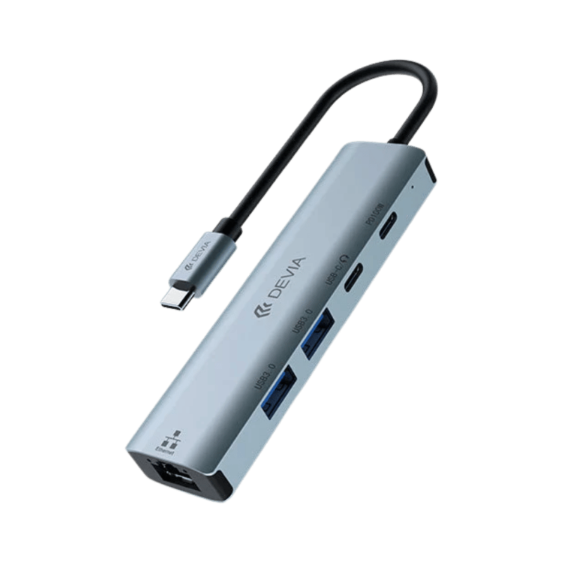 ADAPTADOR DEVIA LEOPARD SERIES TYPE-C TO USB*2+TYPE-C+PD 100W+ RJ45 5 IN 1 HUB