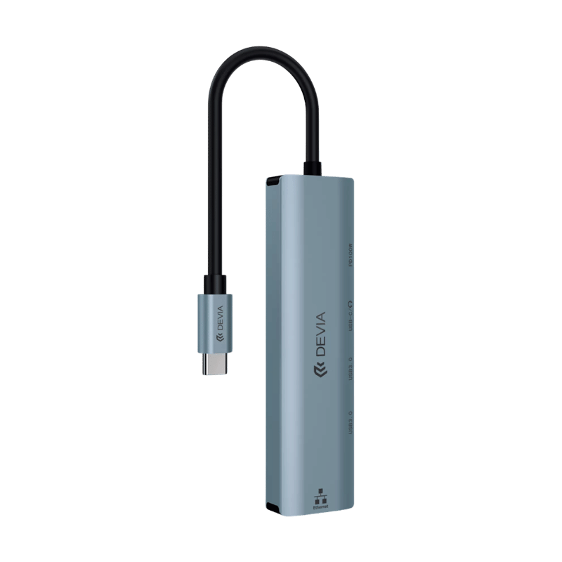ADAPTADOR DEVIA LEOPARD SERIES TYPE-C TO USB*2+TYPE-C+PD 100W+ RJ45 5 IN 1 HUB
