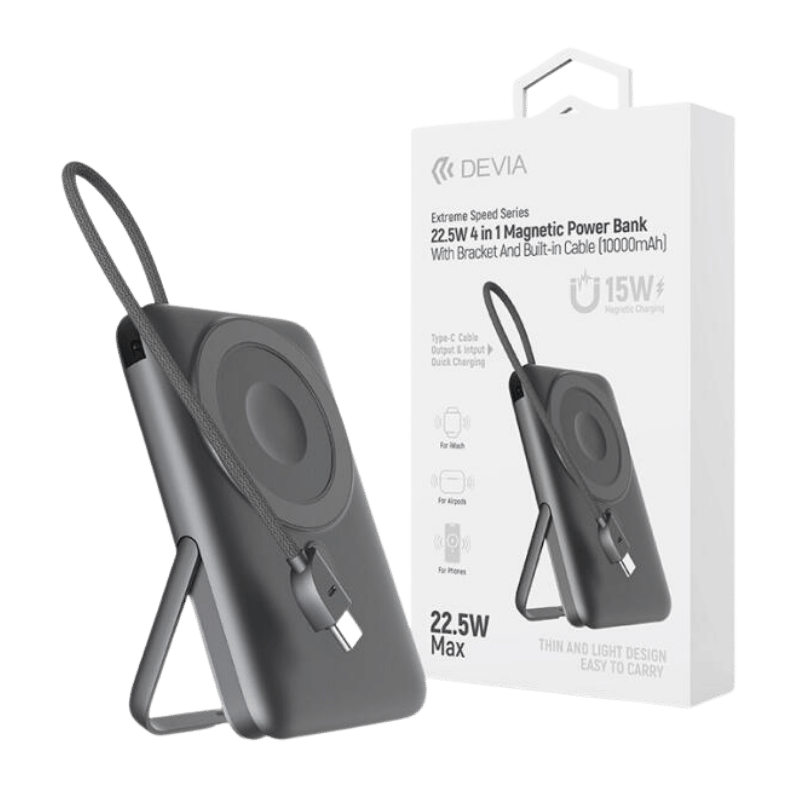 CARGADOR DEVIA EXTREME SPEED SERIES 22.5W 4 IN 1 MAGNETIC POWER BANK WITH BRACKET AND BUILT-IN CABLE