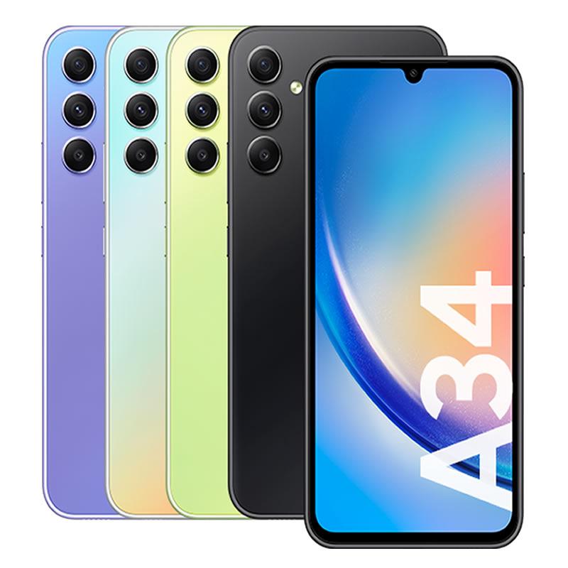 Smartphone Samsung Galaxy A34 Posterior purpura, Verde, Negro y fronmtal
