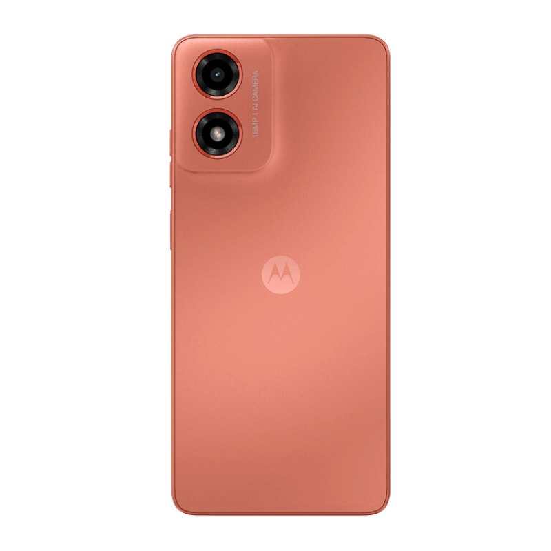 Vista trasera del Motorola Moto G04 en color rojo, mostrando su cámara principal de 16MP y diseño repelente al agua