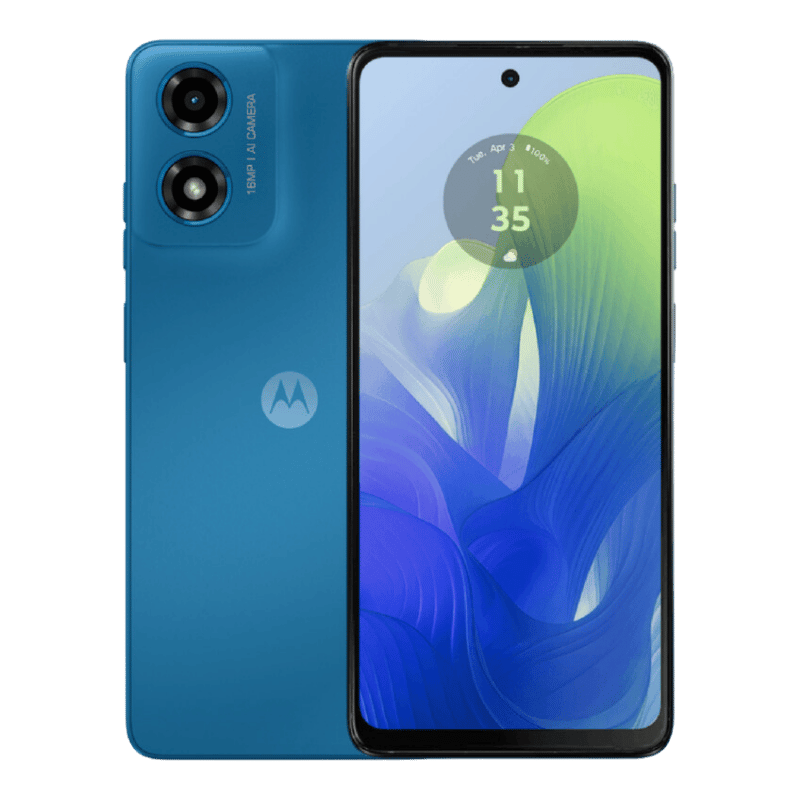 Vista frontal del Motorola Moto G04 con pantalla HD+ de 6.6 pulgadas, un diseño efectivo y moderno