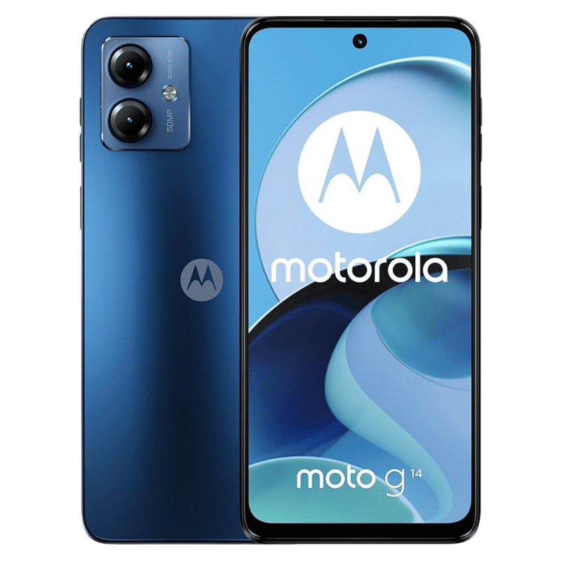 Motorola Moto G14 en color azul, smartphone económico con pantalla FHD+ de 6.5 pulgadas, disponible con envío a todo el país