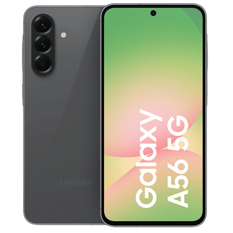 Smartphone Samsung Galaxy A56 5G  Posterior Negro frontal Pantalla tamaño 6.7 pulgadas