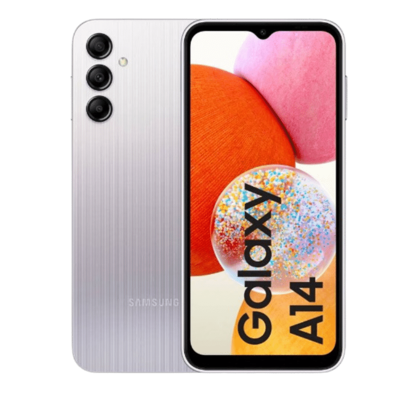 Smartphone Samsung Galaxy A14 Posterior Plateado Frontal Pantalla tamaño 6,6