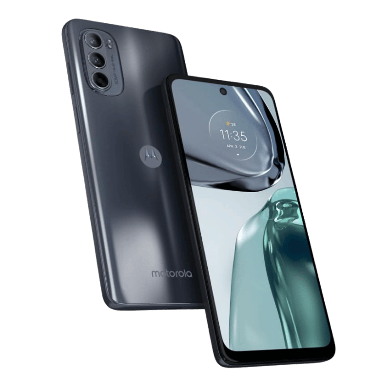 Smartphone Motorola Moto G62 5G color gris vista frontal y posterior Negro
