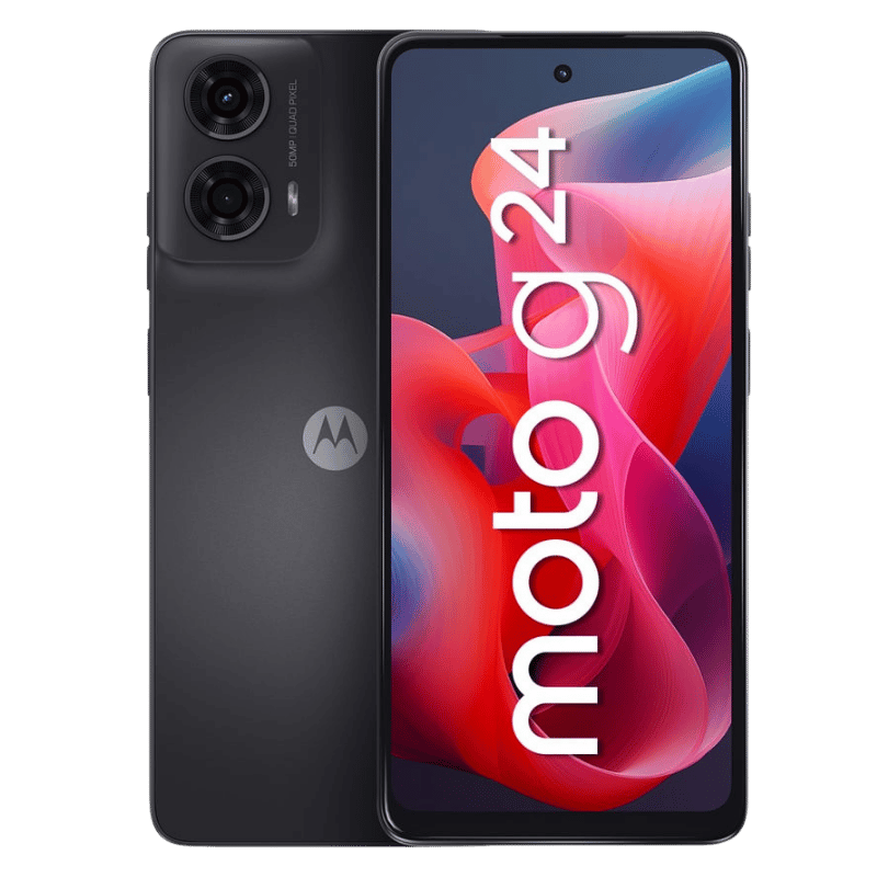 Motorola Moto G24, smartphone económico y efectivo en color negro, disponible con envío a todo el país.