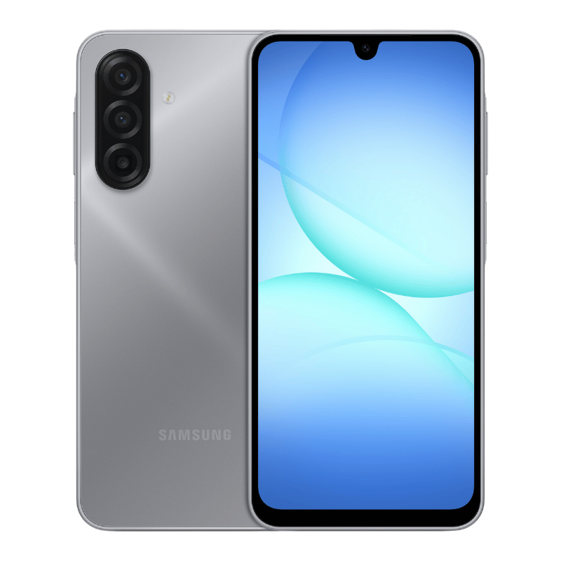 Samsung Galaxy A17 4G color plateado vista frontal y posterior