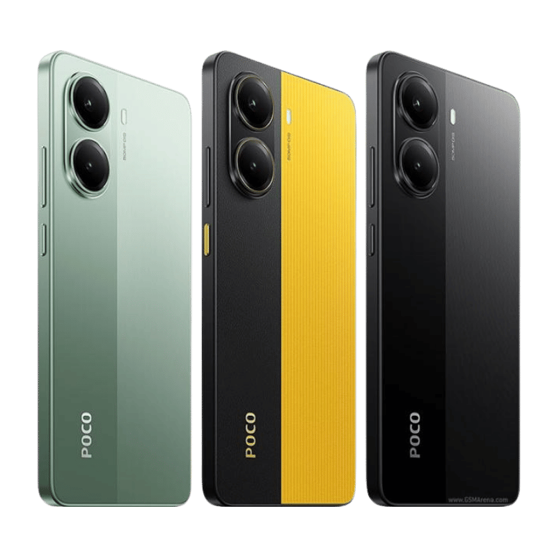 Smartphone Poco X7 pro Lateral Posterior en verde, Negro y amarillo, Negro